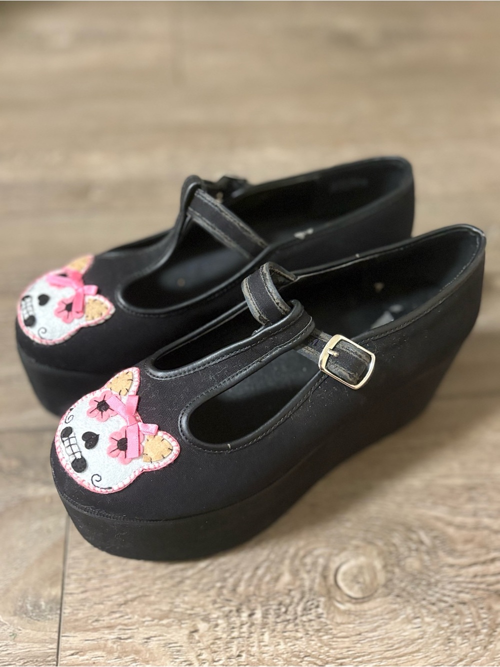 Demonia Black Platform Canvas & Leather Mary Janes w Pink Embroidered Cat Faces